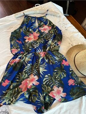 Blue Tropical Floral Halter Romper